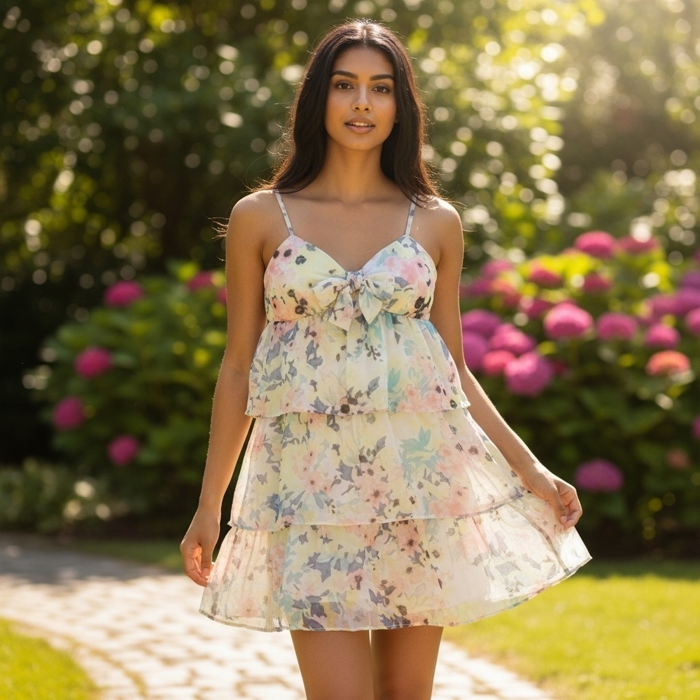 Candie's Watercolor Floral Tiered Babydoll Mini Chiffon Bow Empire Waist Juniors